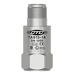 A TA915 stainless steel, top exit vibration sensor engraved with the CTC Line logo, part number, serial number, and hazardous rating logos.